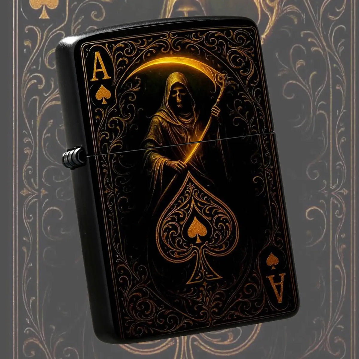 Retro Grim Reaper Ace Of Spades Themed Lighter, Exquisite Gold Foil Engraved Art Stylish Accessory, Portable Versatile Daily Use Ignition Tool, Unique Creative Present For Party Travel Gatherings All Scenarios A Humorous And