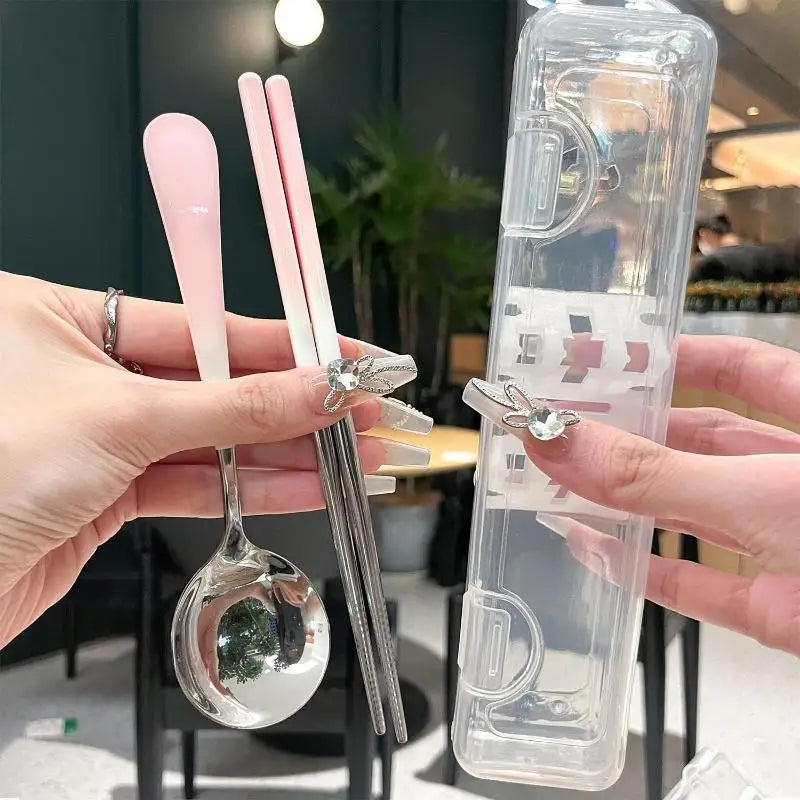 Stainless Steel Portable Cutlery Set Spoon Chopsticks Student Travel Korean Style Portable Cutlery Set With Box Kitchen Supply