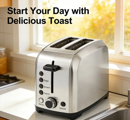 2 Slice Stainless Steel Toaster 1.5" Wide Slot 5 Browning Settings Bagel Defrost Cancel Function