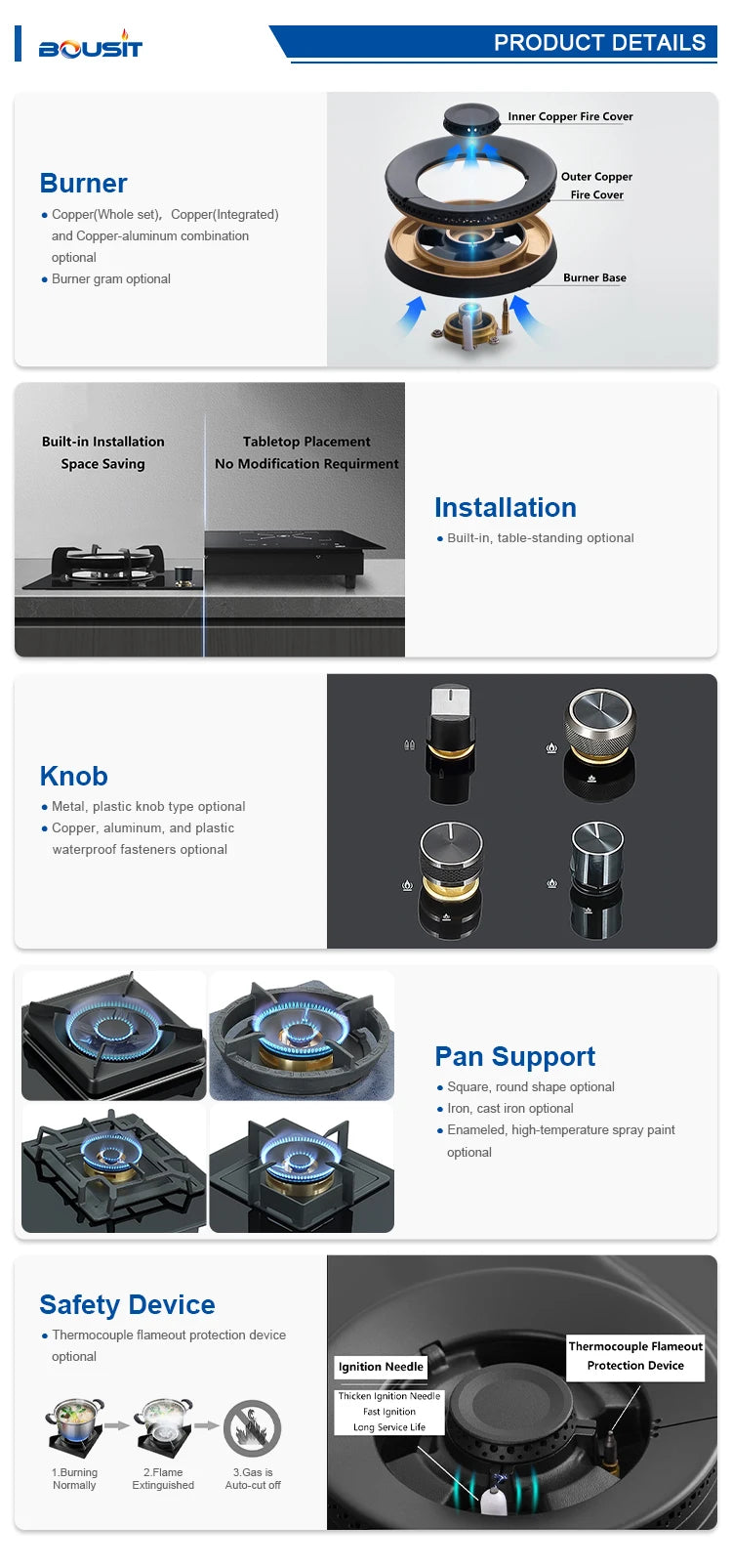 High Quality Built-In Household 3 Burner Stainless Steel Gas Stove with Battery Ignition and Flameout Protection