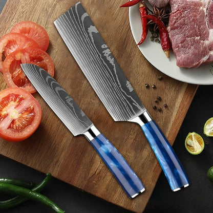 Damascus Pattern Knives Set Stainless Steel Chef Knife Japanese Santoku Knife Boning Knife Meat Cleaver Household Bread Knives