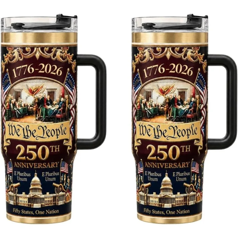Patriotic US 250th Anniversary Travel Tumbler Stainless Steel Cup With Handle Lid Straw Commemorative Holiday Souvenir