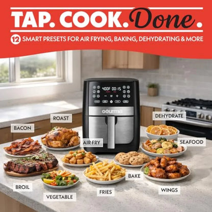 Digital air fryer for home kitchen use, aluminum nonstick black basket, sleek black finish, XL capacity with 12 one-touch prese