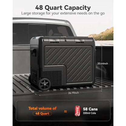 Car refrigerator for RV camping travel home use, aluminum alloy body, black, dual-zone cooling with APP control and wide temper