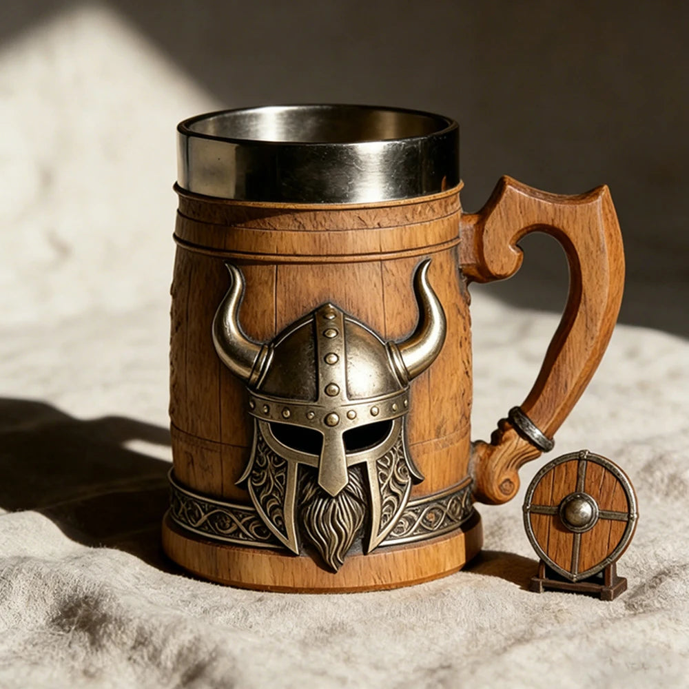 Medieval Revival Viking Pirate Beer Mug "Norse Mythology Odin/Thor Theme" Tankard Nordic Medieval Axe Handle Wood Barrel Stein