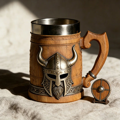 Medieval Revival Viking Pirate Beer Mug "Norse Mythology Odin/Thor Theme" Tankard Nordic Medieval Axe Handle Wood Barrel Stein