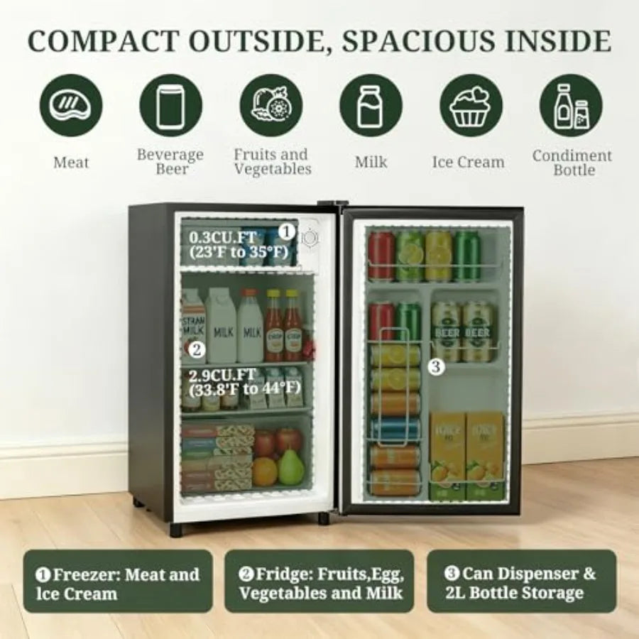Mini fridge with freezer for bedroom, dorm, office, apartment: silver stainless steel, low noise energy efficient 0.41kWh/day,3