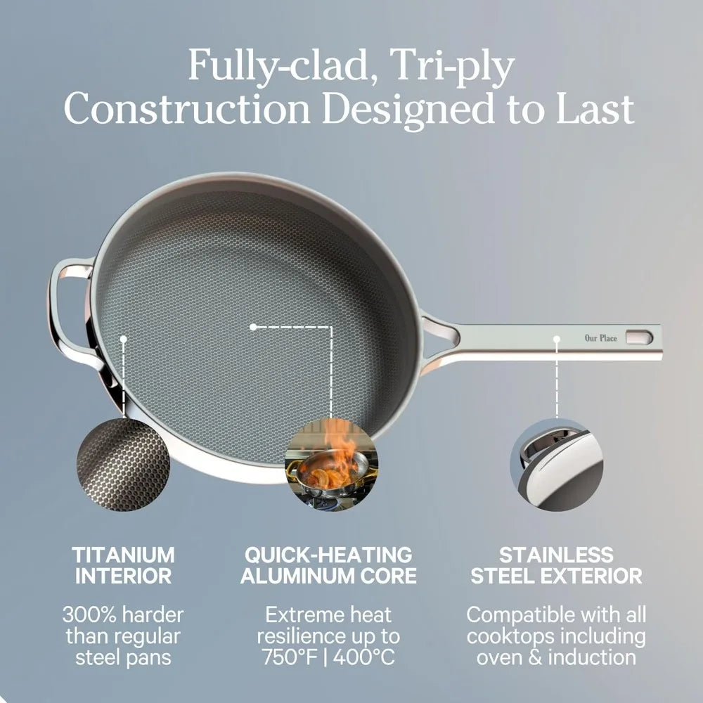 titanium always pan pro - 10.6” (2.8 qt) no-coating nonstick skillet | tri-ply titanium & stainless steel | safe for oven, indu