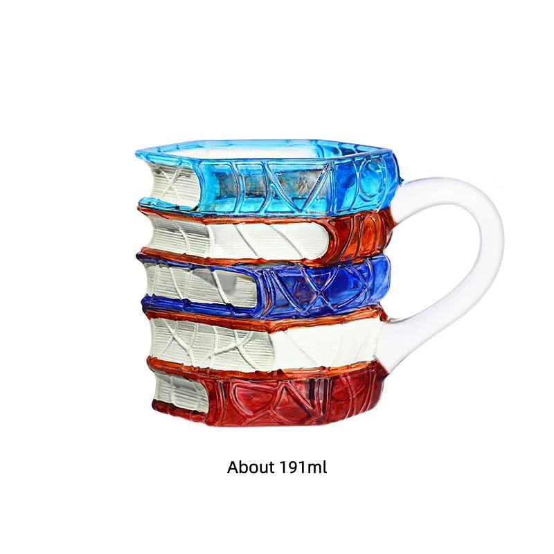 JUSTINLAU Irregular Painted Book Mug Coffee Cup High Borosilicate Glass Drinking Cup with Handle Book Cup Beer Mug Breakfast Cup
