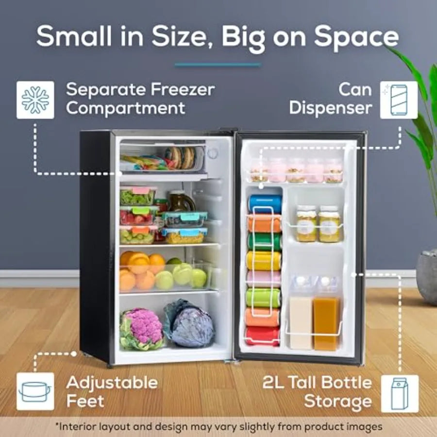 Mini fridge for homes, dorms offices: 3.2 cu.ft with freezer, stainless steel, silver, temperature control, glass shelves, comp