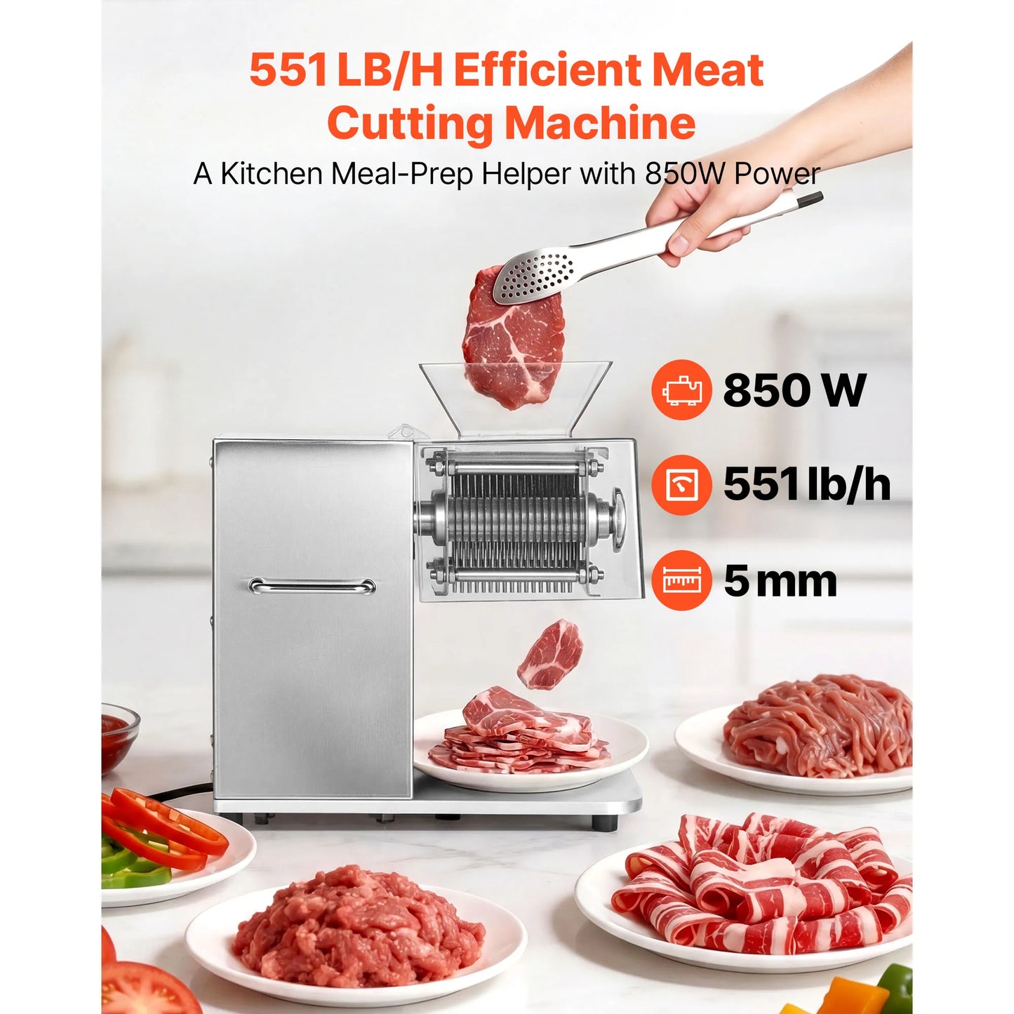 SucceBuy Meat Cutting Machine 850 W Commercial Slicer 5 mm Stainless Steel Blade Shredder for Boneless Meat Vegetables Kitchen