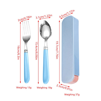 2Pcs/Set Portable Spoon Fork Combination Travel Tableware Set Stainless Steel Dinnerware With Box For Kid School Cutlery