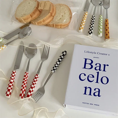3pcs Stainless Steel Ceramics Handle Cutlery Set Dinnerware Clamp Western Tableware Knife Fork Tea Spoon