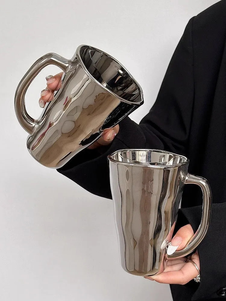 Creative Silver Mug with Handle Milk Cup Coffee Cup Modern Simple Universal Water Cups Drinkware Home Decoration Gift