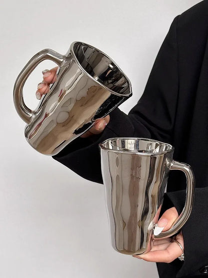 Creative Silver Mug with Handle Milk Cup Coffee Cup Modern Simple Universal Water Cups Drinkware Home Decoration Gift