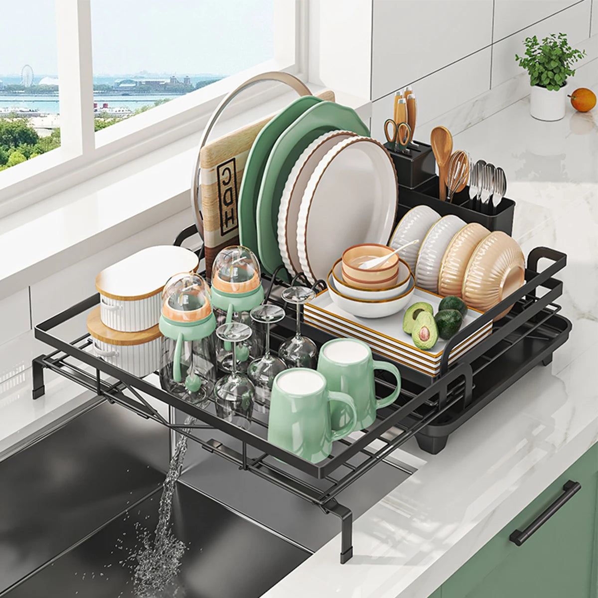 Dish Drainer Rack, Expandable Dish Drying Rack with Cutlery Holder and Swivel Drainage Spout, Dish Rack for Kitchen Counter