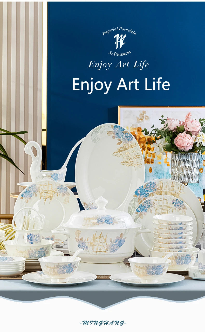 Bone china food utensils marble dinner set luxury dinnerware kitchen bowl plates dinner sets table set ceramic vintage