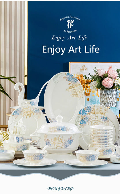 Bone china food utensils marble dinner set luxury dinnerware kitchen bowl plates dinner sets table set ceramic vintage
