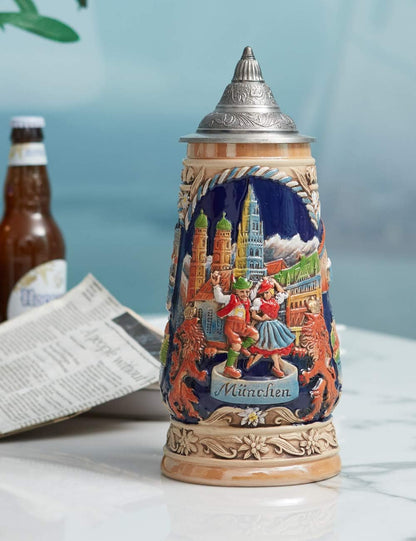 Beer Stein Mug German Munich Bavarian Viking Tankard with Petwer Lid Drinking Cups for Men's Gifts Big Capacity 1000ml