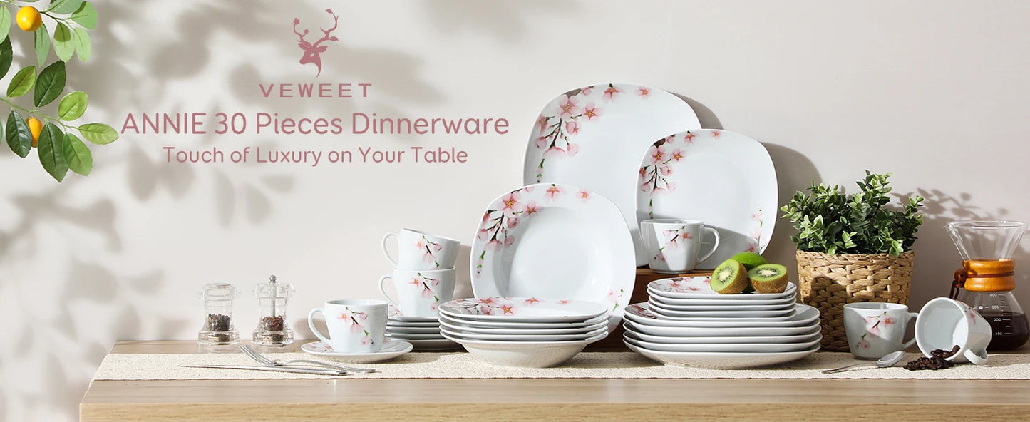 VEWEET ANNIE 30/24/20 Pcs Porcelain Dinnerware Set Pink Floral Plates Dinner Set with Dinner Plate/Dessert/Soup/Cup/Saucer