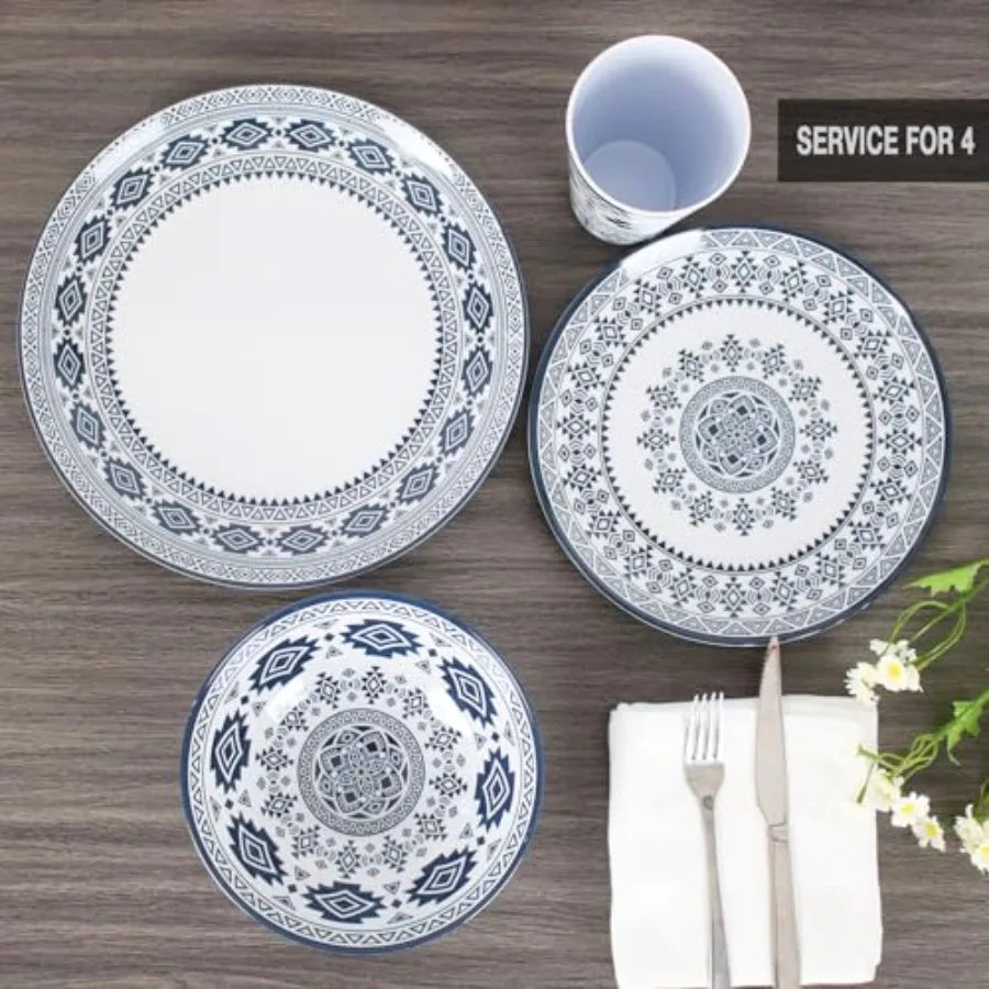 Melamine Dinnerware Set for 4-16 Pcs:Camping Dishes Set with Dinner PlatesSalad Plates Bowls and Cups.Lightweight and Unbreakab