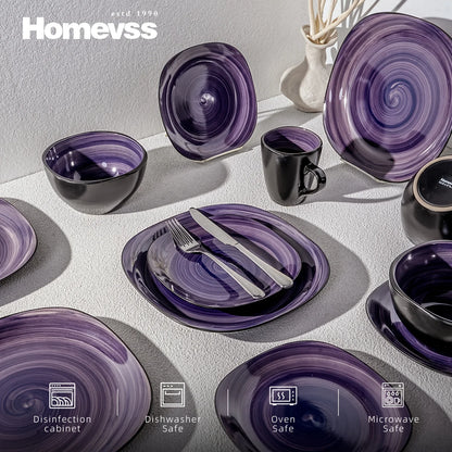 16pcs Square Tableware Set - Artfully Hand-Brushed, Colorful And Black-Trimmed Square Plates And Bowls Set, 4-Person Tableware S