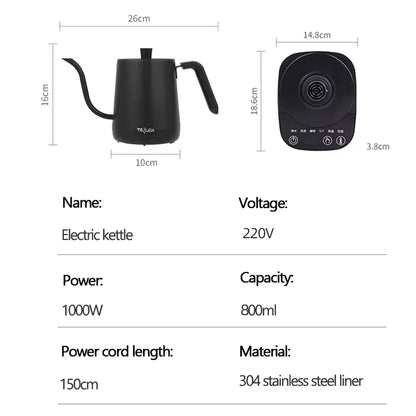 800ml Gooseneck Electric Kettle Hand Brew Coffee Pot Thermo Pot 304 Stainless Steel Teapot Smart Temperature-Control Water Jug