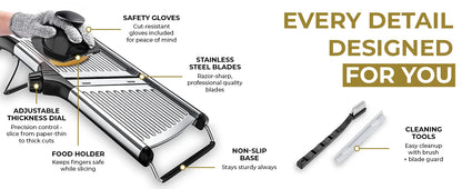 Mandolin Slicer, Suitable for Slicing Potatoes, Tomatoes, Carrots, Vegetables, Fruits, And Onions - Made of Stainless Steel - Comes with One Protective Glove
