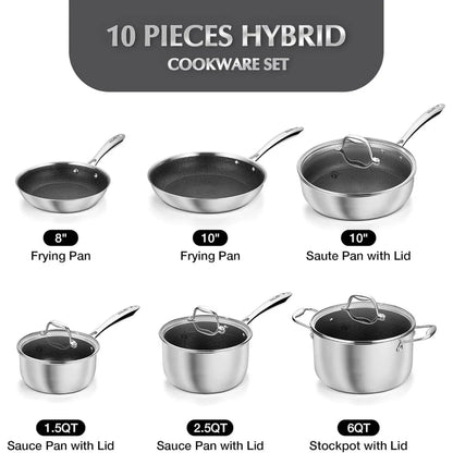 US Shipping Triply Stainless Steel Cookware Set 10 Piece Nonstick Hybrid Pots and Pans Set with Honeycomb Interior 18/10