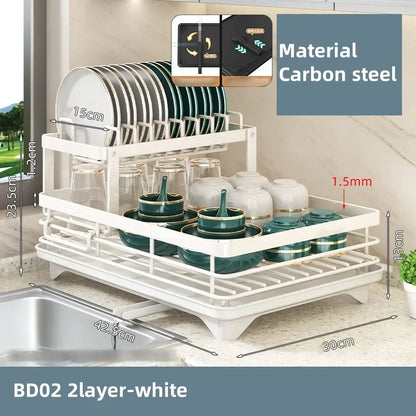 Kitchen Dish Drain Rack Plates Bowls Chopsticks Carbon Steel Storage Rack with Drain Board Sink Countertop Tableware Storage