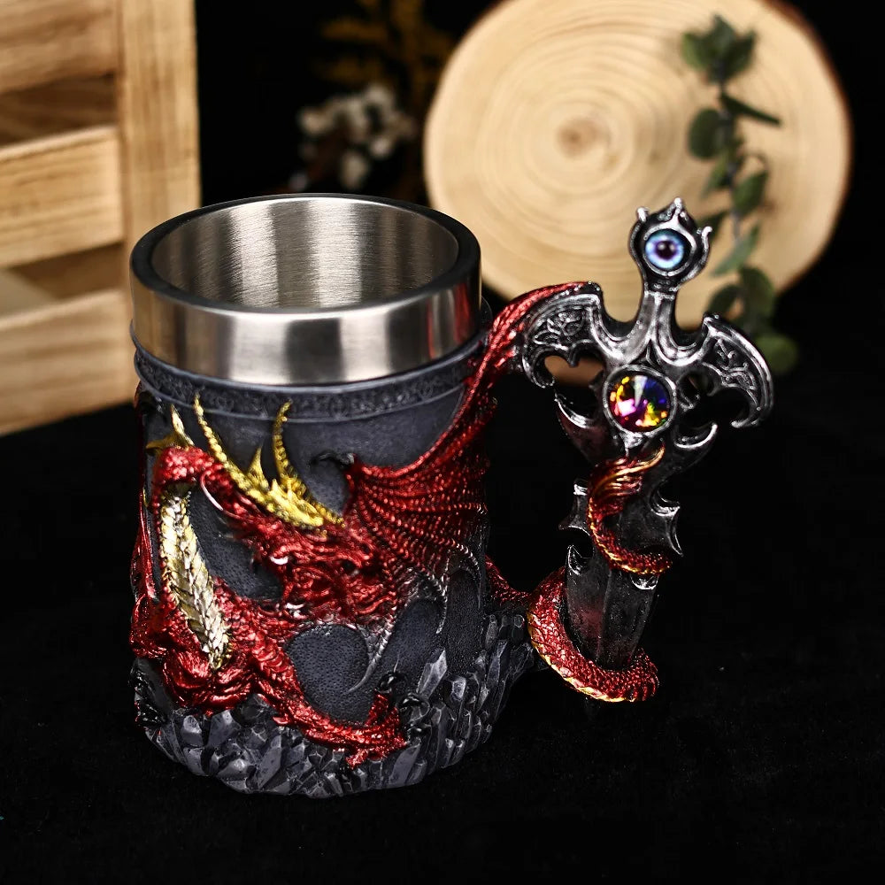 Medieval Dragon Sword Coffee Mug Stainless Steel Resin Insert Beer Mugs Steins Tankard Dragon Themed Party Decor Friends Gift
