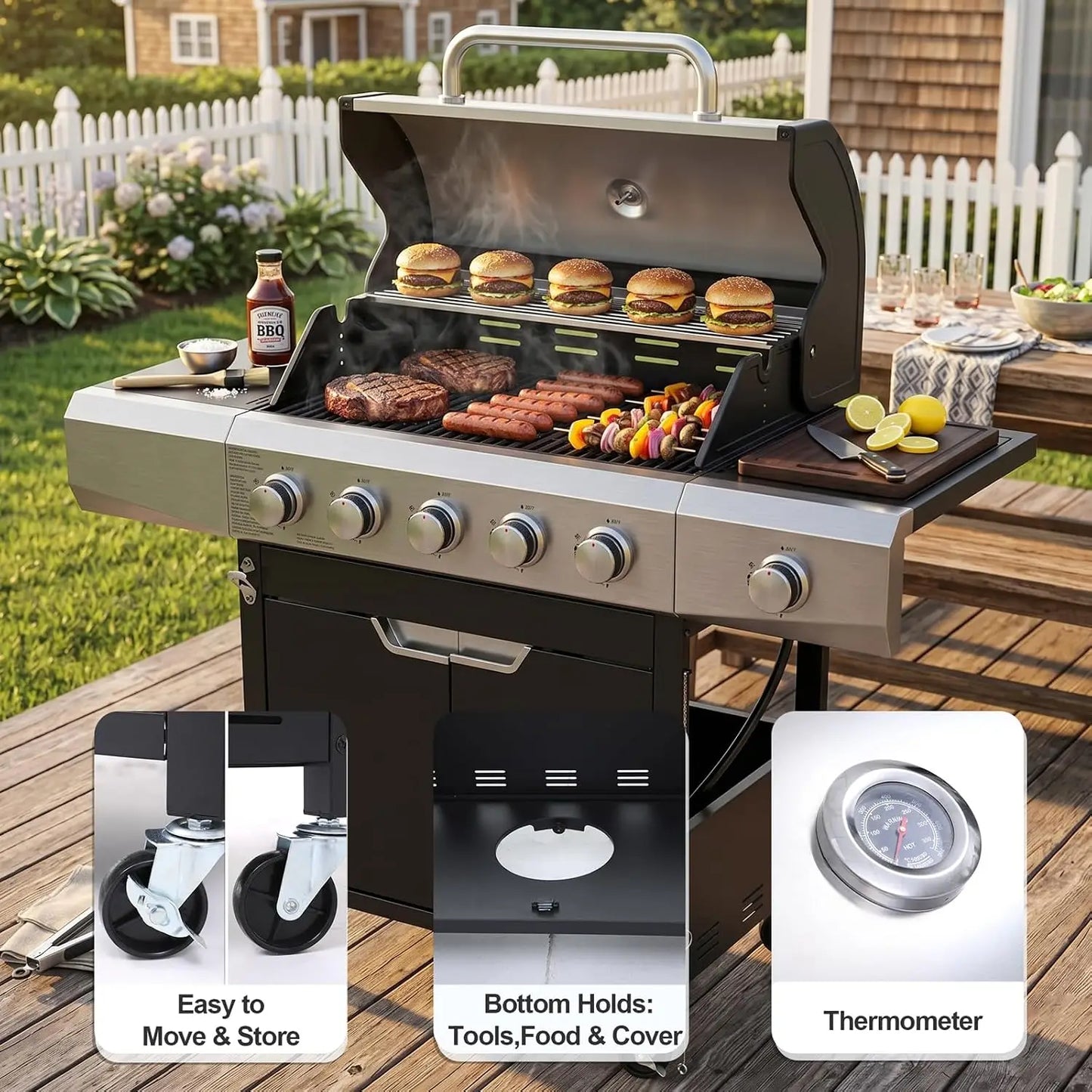 58,500 BTU 5-Burner Propane Gas Grill BBQ with Side Burner, Porcelain Grates, Wheels