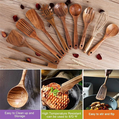 LMETJMA 10 Pack Natural Teak Wooden Kitchen Utensil Set Wooden Spoons Spatula Cooking Utensil Set For Cooking Baking JT503