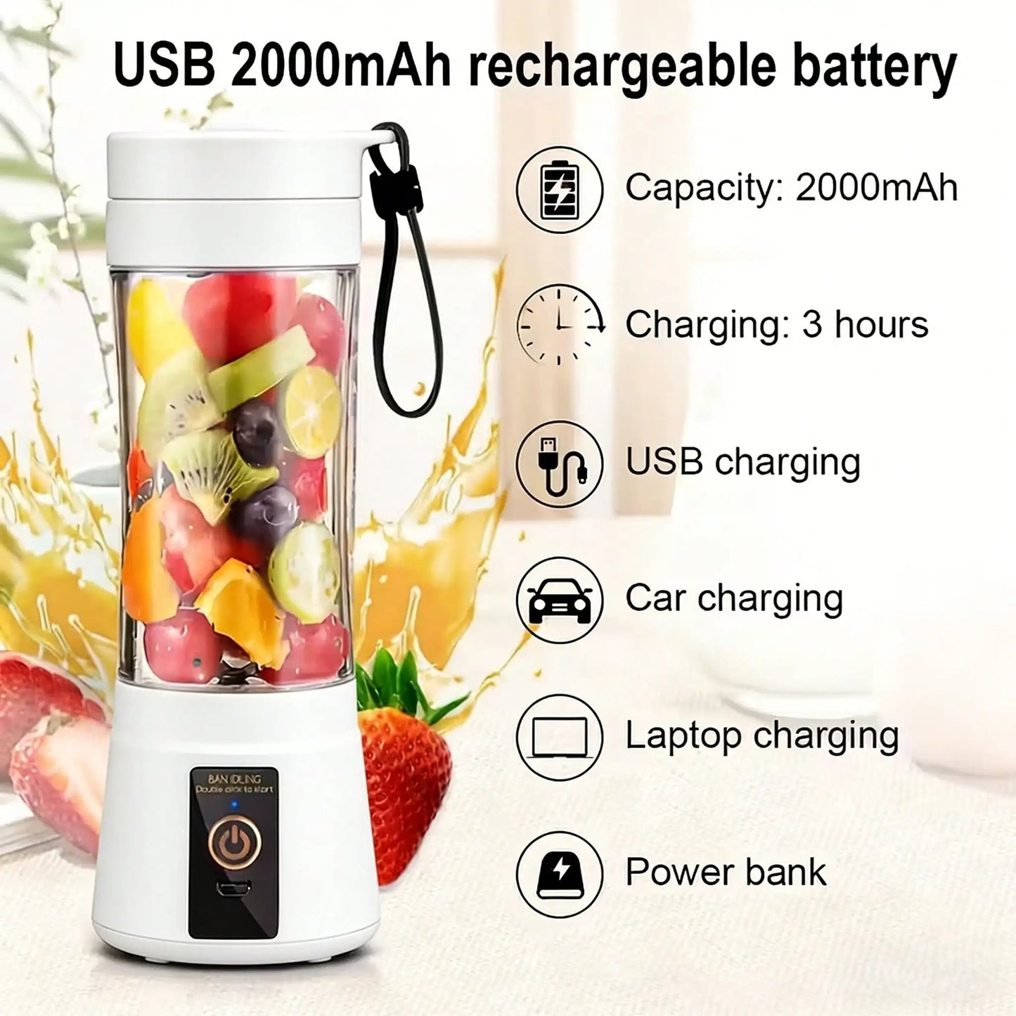 Compact Cordless USB Rechargeable Personal Blender - 380ml Juice Cup,15000RPM, With 6 High-Performance Blades For Smoothies And Shakes, Perfect For Picnics And Sports Activities