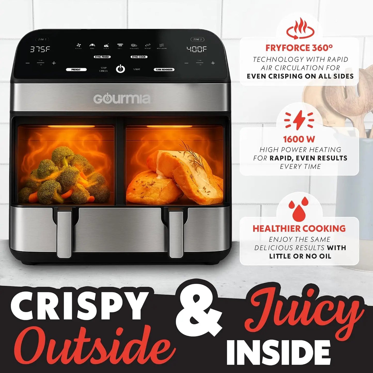 10 Qt Dual Basket Air Fryer, 7 Presets, Sync Finish, Dishwasher Safe