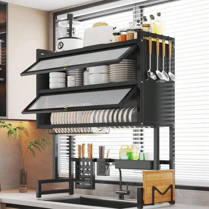 Over The Sink Dish Drying Rack,3 Tier Adjustable Length Full Stainless Steel Large Storage Kitchen Dish Rack,For Kitchen Counter Expandable Multifunctional Organizers