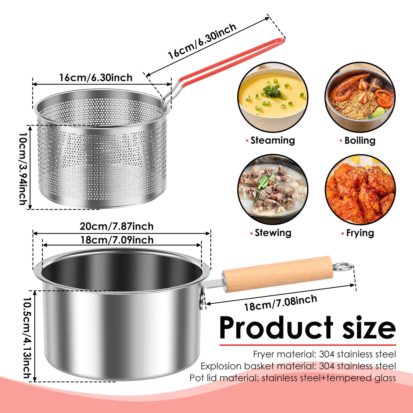 Deep Fryer Pot Stainless Steel Frying Pan Oil Saving Square Deep Frying Pan with Basket and Handle Versatile Deep Fryer with Lid