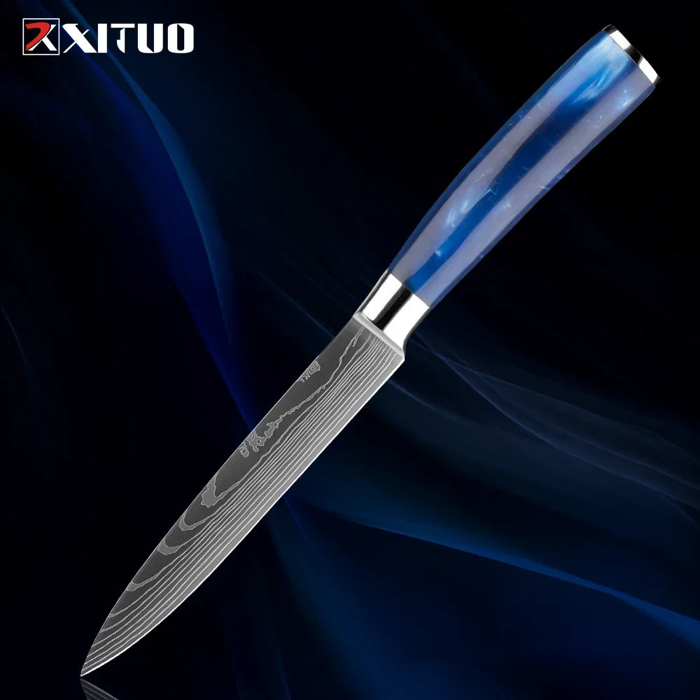 Stainless Steel Chef Knife Kitchen Knife Set 1-8Piece Razor-Sharp Paring Knife, Boning Knife, Santoku Knife, Blue Resin Handle