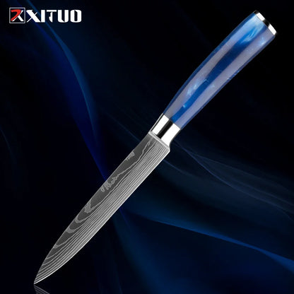 Stainless Steel Chef Knife Kitchen Knife Set 1-8Piece Razor-Sharp Paring Knife, Boning Knife, Santoku Knife, Blue Resin Handle