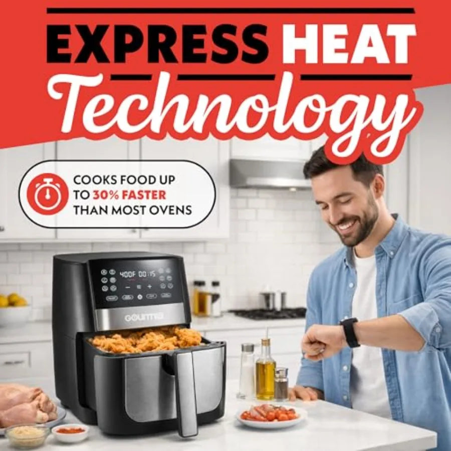 Digital air fryer for home kitchen use, aluminum nonstick black basket, sleek black finish, XL capacity with 12 one-touch prese