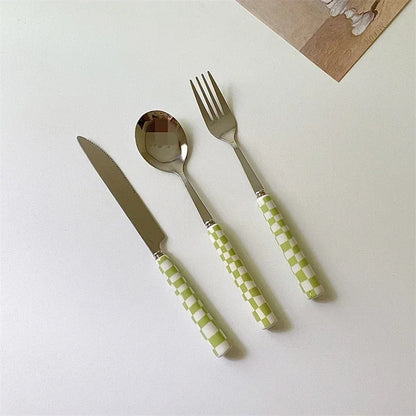 3pcs Stainless Steel Ceramics Handle Cutlery Set Dinnerware Clamp Western Tableware Knife Fork Tea Spoon