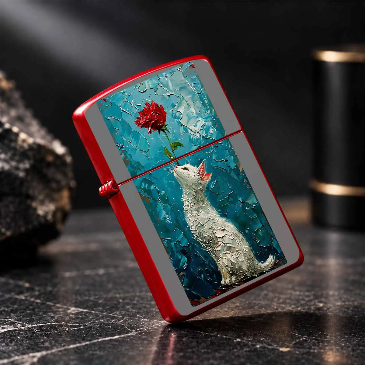 Creative Impasto Style White Cat With Red Rose Pattern Lighter, Exquisite Artistic Portable Daily Companion, Trendy Aesthetic Versatile Item For Home Display, Travel Carry, Gifting To Friends And Family For All Occasion A Hum
