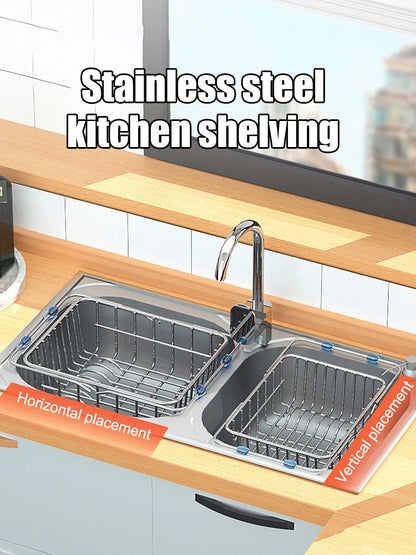 Stainless Steel Telescopic Sink Drain Rack Non-Slip Dish Drying Kitchen Bathroom Countertop Organizer Rack for Household Use