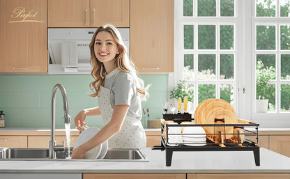 Upgrade Dish Racks for Kitchen Counter Carbon Steel Dish Drainer with Removable Cutlery Holder & Drainboard, White