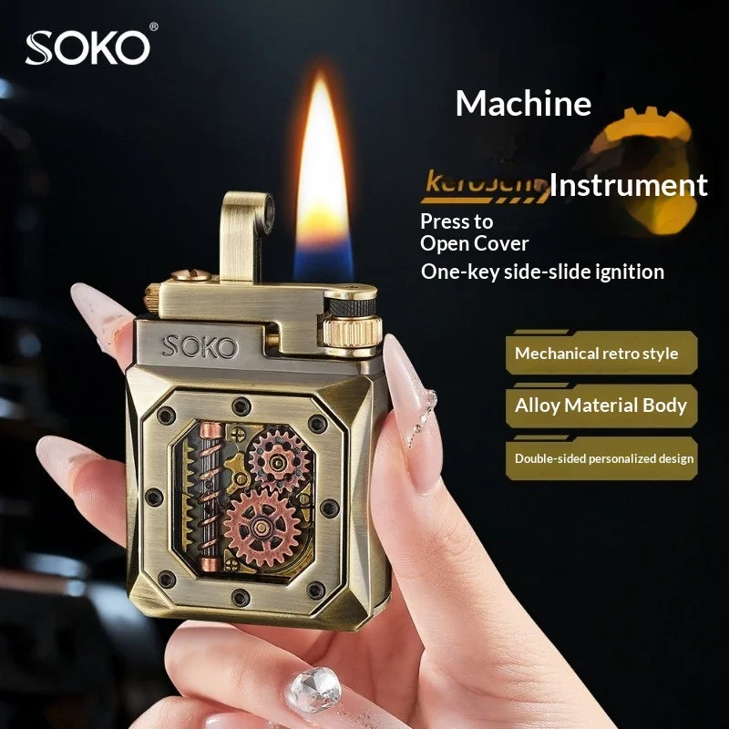 2026 Mechanical Style Press Open Cover Open Flame Kerosine Lighter Zinc Alloy Double sided Pattern Visual Oil Tank Lighters Gift
