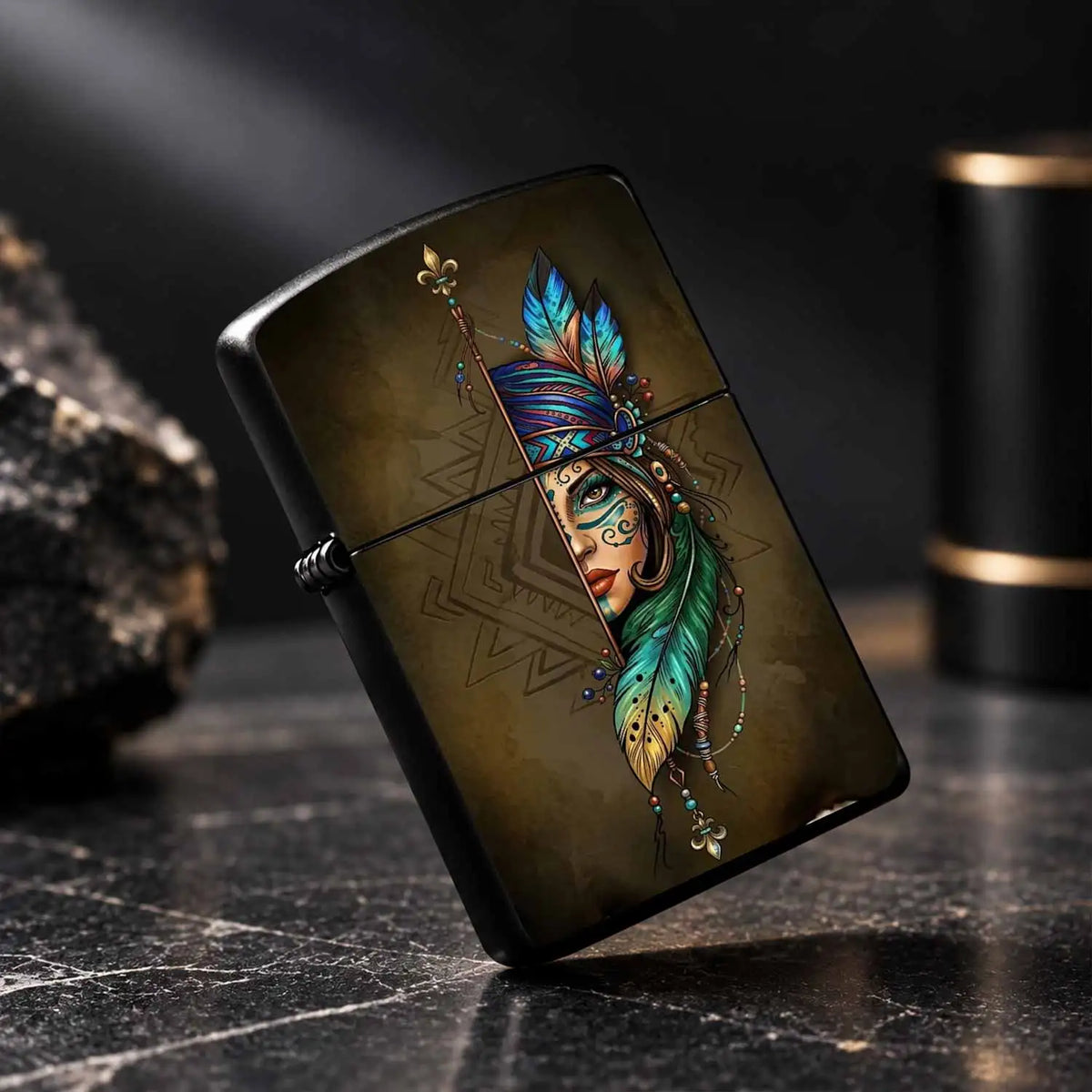 Creative Lighter with Tribal Totem Feather Half-Faced Lady Pattern Retro Art Style Decorative Igniter Portable Stylish Accessory Daily Carry Practical Item Unique Exquisite Gift for Friends Family Suitable  A Humorous and Int