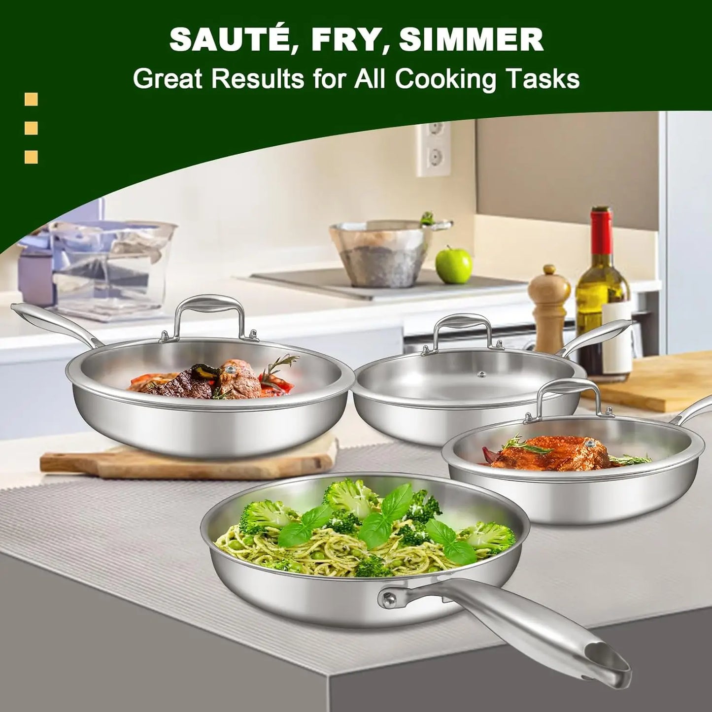 12-Inch Stainless Steel Frying Pan with Lid, Induction-Ready, Oven & Dishwasher Safe for All Cooktops