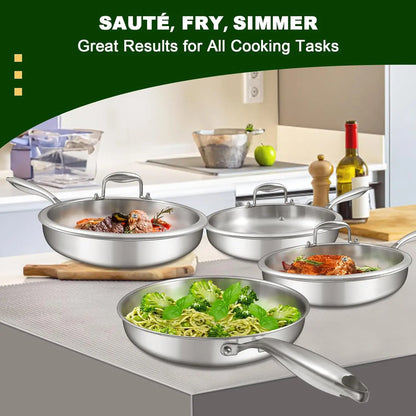 12-Inch Stainless Steel Frying Pan with Lid, Induction-Ready, Oven & Dishwasher Safe for All Cooktops