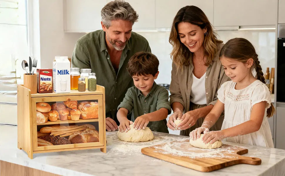 Bamboo Bread Box for Kitchen Countertop(Natural), Double Layer with Window,  Farmhouse Style Large Capacity Storage Container