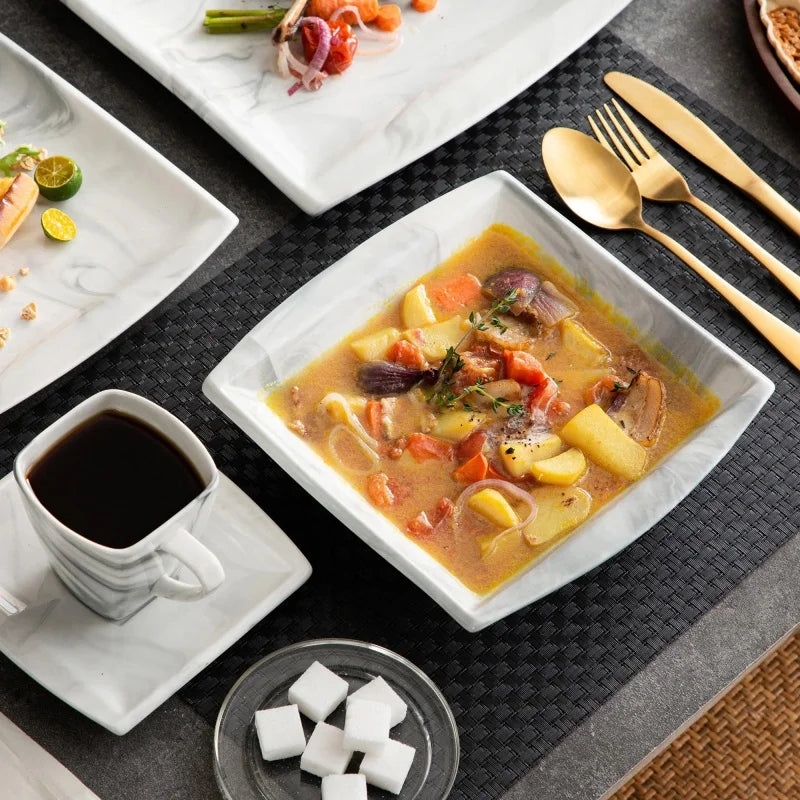 30PCS Marble Grey Porcelain Tableware Dinnerware Set with 6PCS Dessert/Soup/Dinner Plate/Cup/Saucer,Plates and Bowls Sets,FLORA